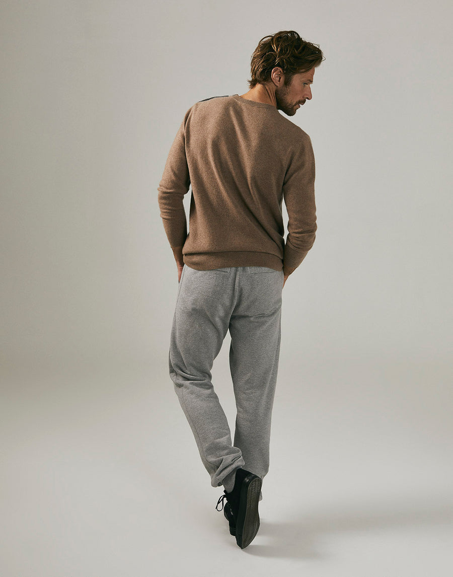 Cashmere Button Shoulder Crew Neck Sweater in Oat & Grey