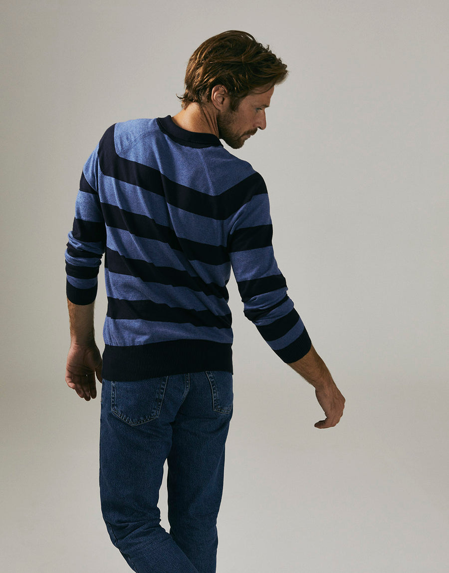 Long Sleeve Cotton Cashmere Polo Shirt in Navy/Blue Stripe