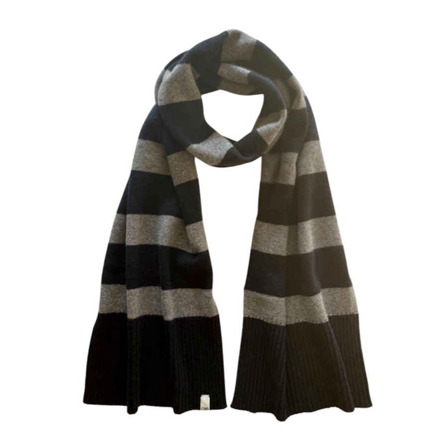 100% Recycled Cashmere Scarf in Navy & Grey Stripe