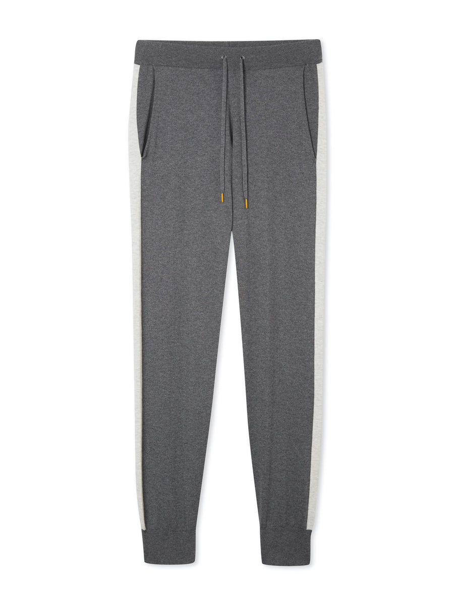 Cashmere & Cotton Knitted Hoody & Track Lounge Set - Grey / White Strip