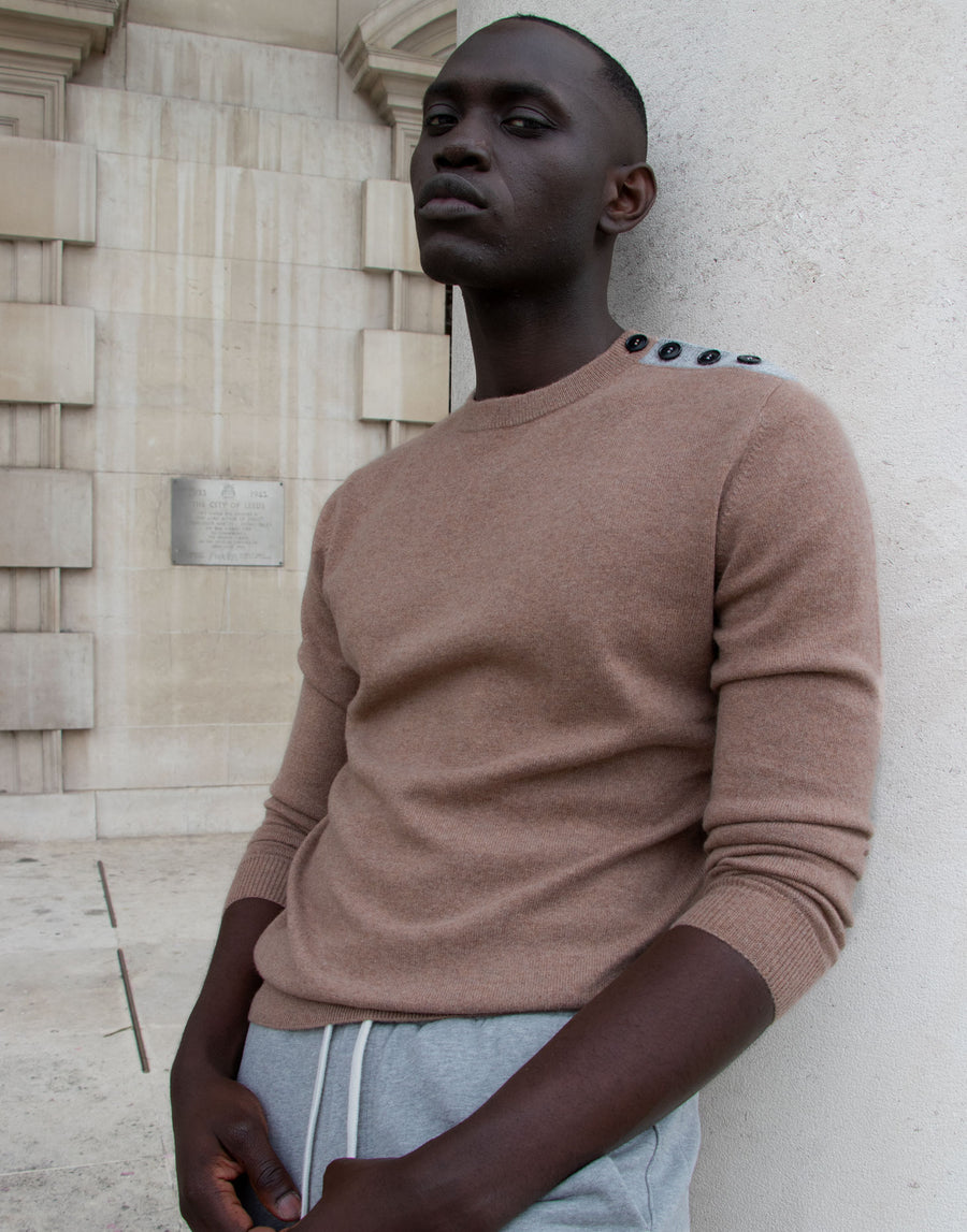 Cashmere Button Shoulder Crew Neck Sweater in Oat & Grey