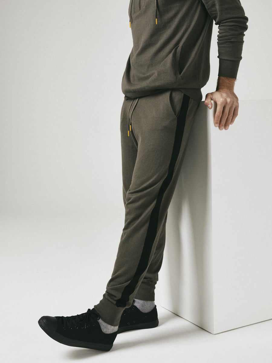 Cashmere & Cotton Knitted Hoody & Track Lounge Set - Olive / Black Stripe