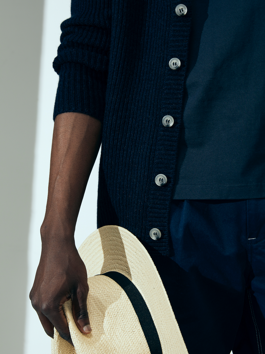 100% Cashmere Ribbed Cardigan in Navy