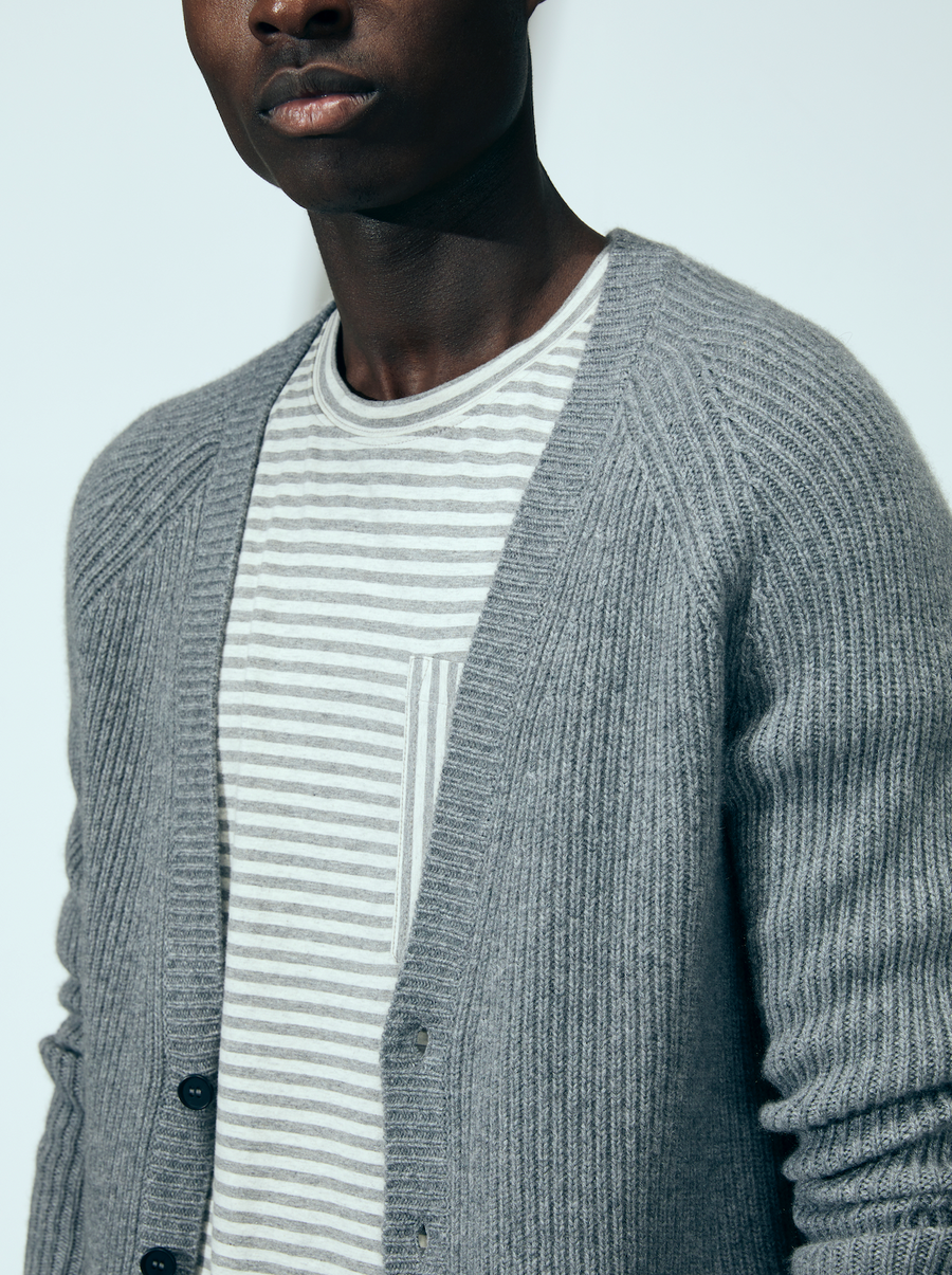 100% Cashmere Ribbed Cardigan in Grey