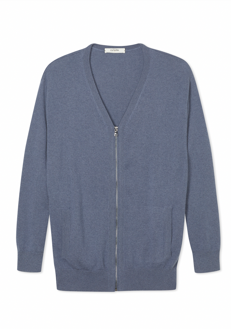 V-neck Zipped Cashmere Cardigan in Denim Blue