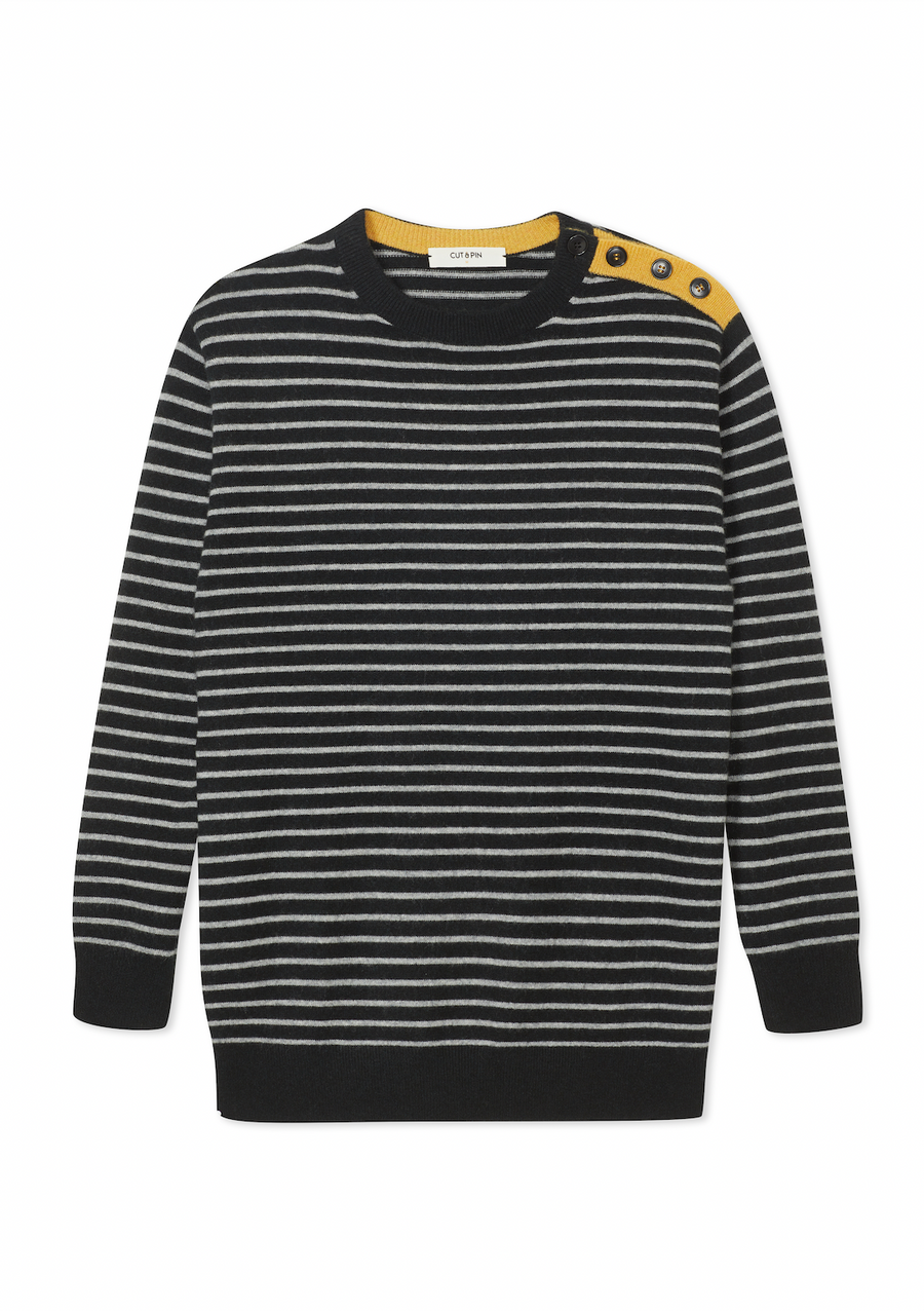 Cashmere Button Shoulder Crew Neck Sweater in Black & Grey Stripe