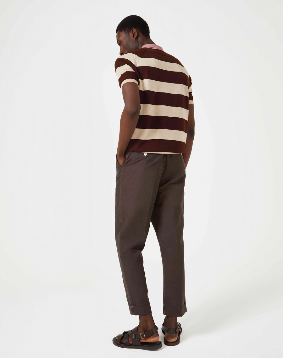 Knitted Polo Short Sleeve Tee - Neutral and Burgundy Stripe