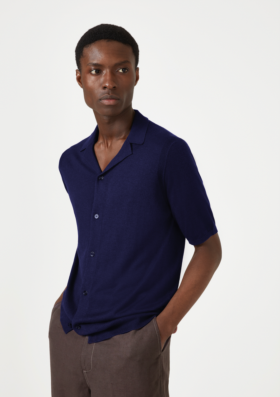 Silk Cashmere Short Sleeve Collared Cardigan Navy Cut Pin