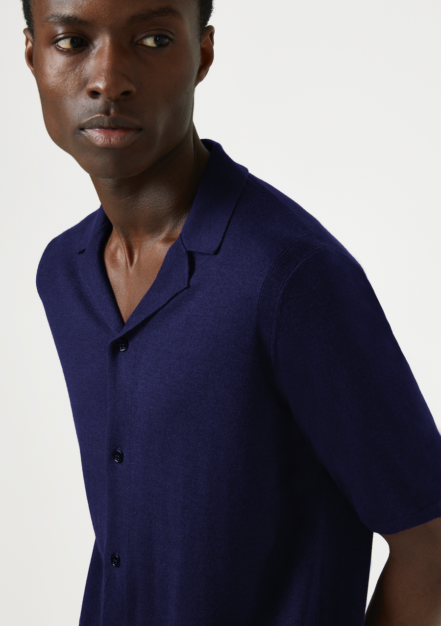 Silk Cashmere Short Sleeve Collared Cardigan Navy Cut Pin