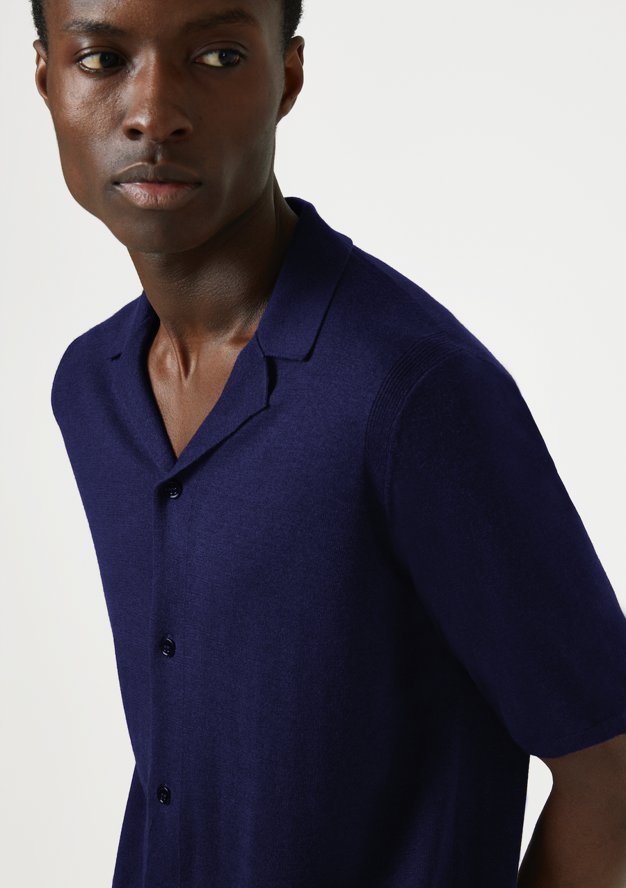 Silk & Cashmere Short Sleeve Collared Cardigan - Navy