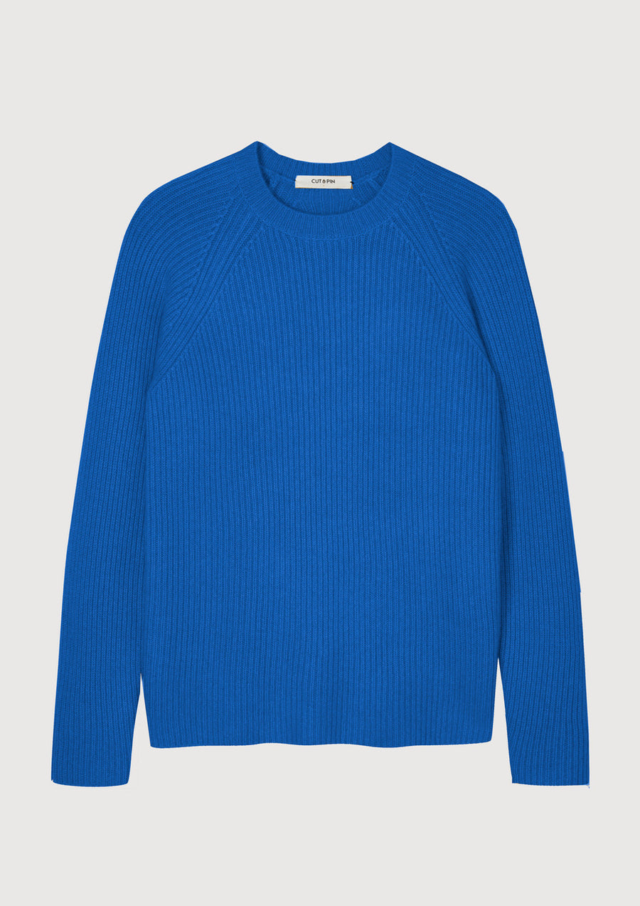 100% Cashmere ribbed crew sweater in Cobalt Blue