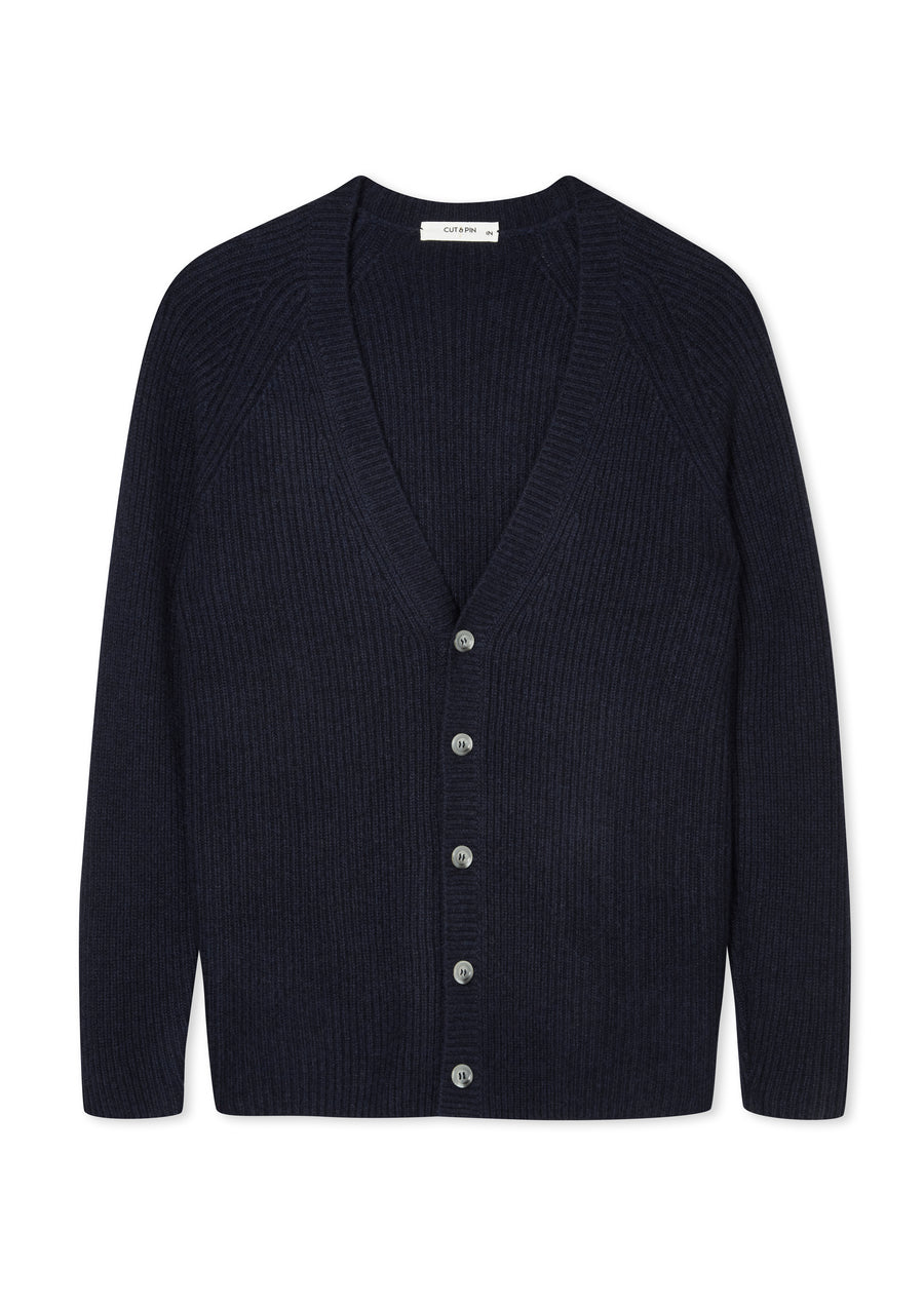 100% Cashmere Ribbed Cardigan in Navy