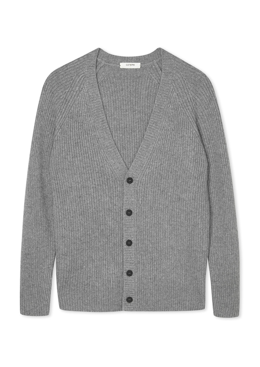 100% Cashmere Ribbed Cardigan in Grey