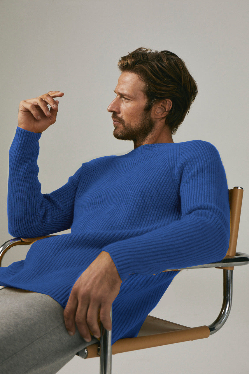 100% Cashmere ribbed crew sweater in Cobalt Blue