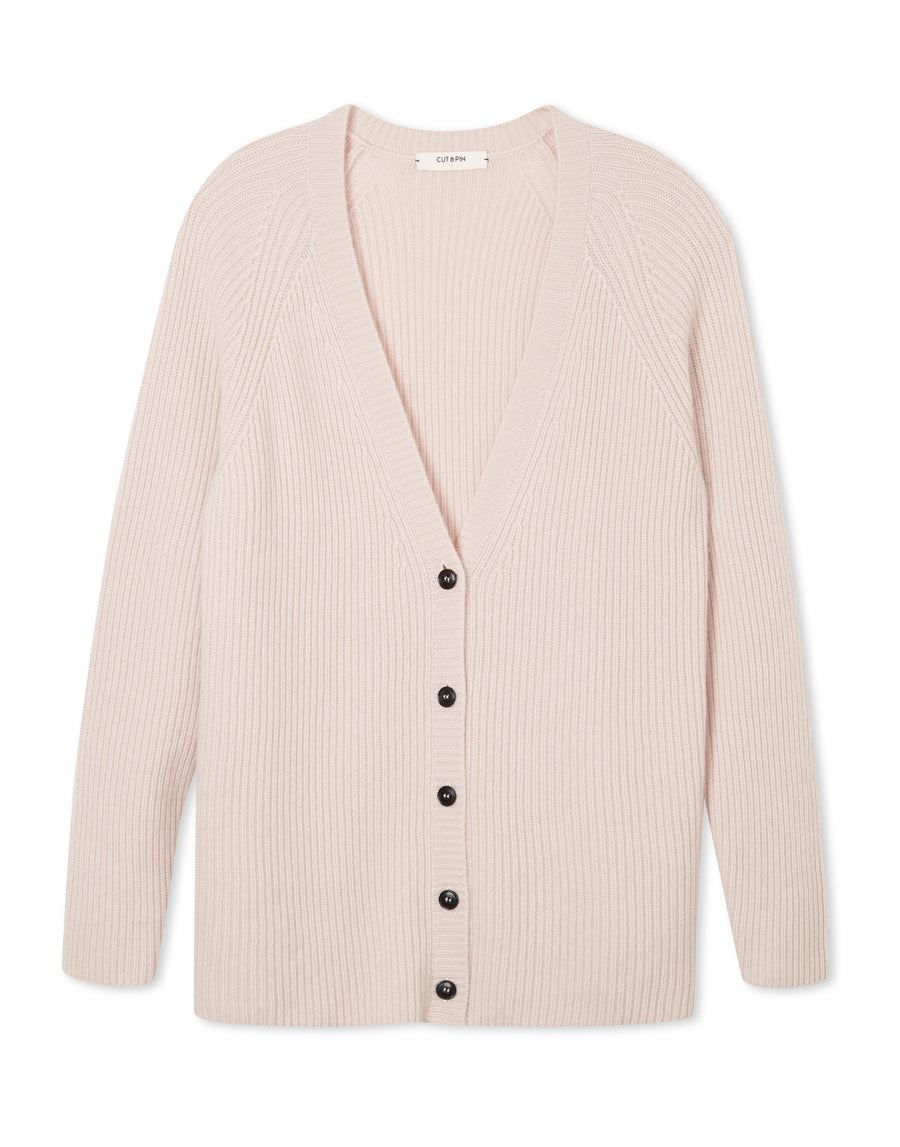 100% Cashmere Ribbed Cardigan in Shell Pink
