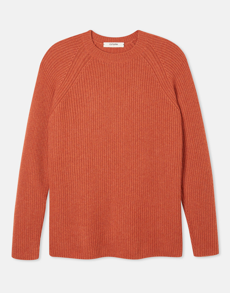 100% Cashmere ribbed crew sweater in Burnt Orange