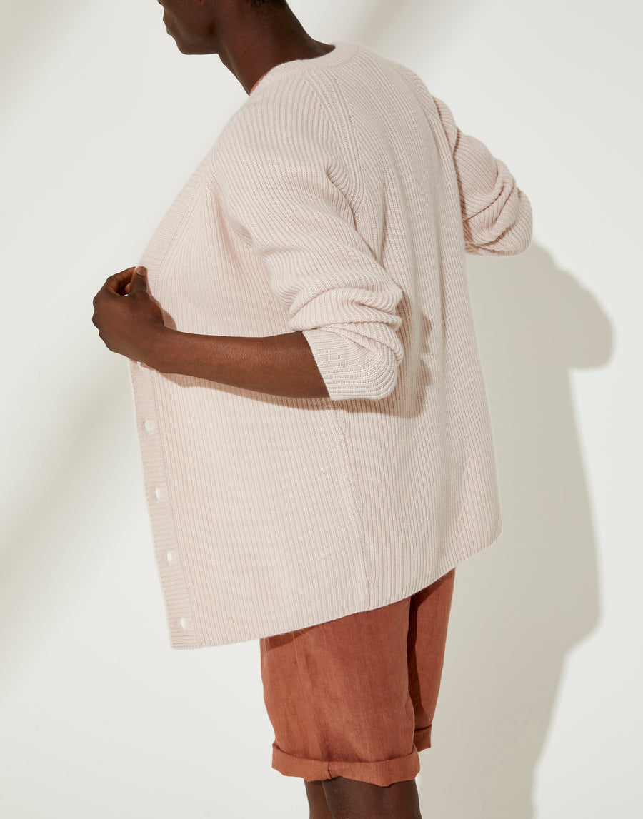100% Cashmere Ribbed Cardigan in Shell Pink